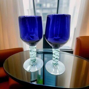 Handblown Art Glass Wine Glasses Cobalt Blue Set Of Two Studio Crafted Boho Glam